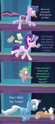 Size: 1920x4320 | Tagged: safe, artist:red4567, imported from derpibooru, spike, starlight glimmer, trixie, twilight sparkle, alicorn, dragon, pony, unicorn, 3d, bacon, bread, coffee, comic, egg, female, folder, food, funny, funny as hell, glowing, glowing horn, horn, humor, irony, late, levitation, magic, mare, meat, munching, ponies eating meat, running, schoolgirl toast, serial escalation, source filmmaker, table, tea, tea set, telekinesis, toast, twilight sparkle (alicorn), winged spike, wings