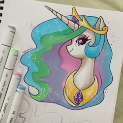 Size: 2048x2048 | Tagged: safe, artist:sugar.ghoulz, artist:sugarghoulz, imported from derpibooru, princess celestia, alicorn, pony, bust, crown, eyeshadow, female, jewelry, lidded eyes, looking at you, makeup, mare, marker drawing, peytral, regalia, smiling, solo, traditional art