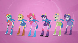 Size: 828x456 | Tagged: safe, imported from derpibooru, screencap, applejack, fluttershy, pinkie pie, rainbow dash, rarity, twilight sparkle, human, equestria girls, equestria girls (movie), boots, clothes, cowboy boots, cowboy hat, hat, helping twilight win the crown, high heel boots, humane five, humane six, shirt, shoes, skirt, socks, sweater
