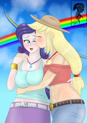 Size: 1240x1754 | Tagged: safe, artist:wolfjarl, imported from derpibooru, applejack, rarity, human, equestria girls, abs, big breasts, breasts, busty applejack, busty rarity, cheek kiss, duo, embrace, eyes closed, female, geode of shielding, geode of super strength, human coloration, kissing, lesbian, magical geodes, midriff, one eye closed, open mouth, open smile, pride month, rainbow, rarijack, shipping, smiling