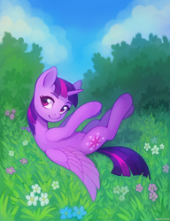 Size: 2000x2600 | Tagged: safe, artist:asimos, imported from derpibooru, twilight sparkle, alicorn, pony, cute, female, flower, high res, lying down, mare, on back, solo, spread wings, twiabetes, twilight sparkle (alicorn), wings