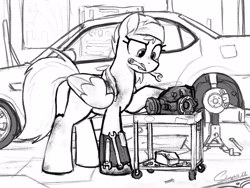 Size: 4000x3000 | Tagged: safe, artist:selenophile, imported from derpibooru, oc, oc only, pegasus, pony, car, differential, fixing, jack, mechanic, monochrome, open mouth, solo, tools, vehicle, wrench