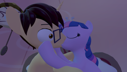 Size: 1920x1080 | Tagged: safe, artist:brandonthebronypony, imported from derpibooru, twilight sparkle, oc, oc:brandon, pony, unicorn, 3d, canon x oc, duo, eyes closed, female, glasses, golden oaks library, kiss on the lips, kissing, male, mare, source filmmaker, stallion, surprise kiss, unicorn twilight