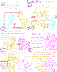 Size: 4779x6013 | Tagged: safe, artist:adorkabletwilightandfriends, imported from derpibooru, carrot cake, cup cake, pinkie pie, earth pony, pony, comic:adorkable twilight and friends, adorkable, adorkable friends, bowtie, butt, comic, cute, dilemma, door, dork, ears back, ears up, female, happy, hat, laughing, male, mare, money, nervous, plot, rent, sad, slice of life, stallion, sweat, sweatdrop, upset, watching