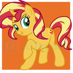 Size: 5072x5096 | Tagged: safe, artist:milkyboo898, imported from derpibooru, sunset shimmer, pony, unicorn, equestria girls, absurd resolution, female, grin, hooves, horn, mare, orange background, raised hoof, simple background, smiling, solo, standing, tail, two toned mane, two toned tail, watermark