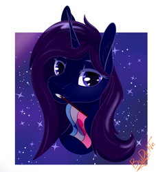 Size: 2052x2264 | Tagged: safe, artist:bydena, imported from derpibooru, oc, alicorn, pony, avatar, bisexual pride flag, blue eyes, bust, female, headshot commission, horn, pride, pride flag, pride month, purple hair