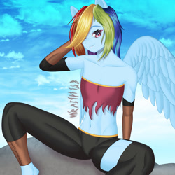 Size: 1280x1280 | Tagged: safe, artist:wraith148, imported from derpibooru, part of a set, rainbow dash, anthro, pegasus, abs, ass, belly, butt, clothes, dungeons and dragons, fantasy class, gloves, hair over one eye, long gloves, pen and paper rpg, rogue, rpg, solo, spread legs, spread wings, spreading, wings