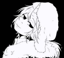 Size: 2200x2000 | Tagged: safe, artist:etoz, imported from derpibooru, oc, oc only, oc:etoz, pony, unicorn, anime, black and white, black background, bungou stray dogs, bust, clothes, cosplay, costume, fur, fyodor dostoevsky, grayscale, hat, horn, looking at you, monochrome, shirt, simple background, smiling, smiling at you, solo, unicorn oc, ushanka