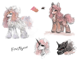 Size: 1287x981 | Tagged: safe, artist:frostgear, imported from derpibooru, pony, bust, chest fluff, colored, ear fluff, female, fluffy, helmet, horn, pink hair, pink mane, portrait, red eyes, simple background, solo, standing, white background