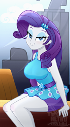 Size: 1992x3585 | Tagged: safe, artist:theretroart88, imported from derpibooru, rarity, human, best trends forever, equestria girls, equestria girls series, bedroom eyes, big breasts, breasts, busty rarity, clothes, female, grin, looking at you, rarity peplum dress, sexy, sitting, smiling, solo, stupid sexy rarity, sultry pose, watermark