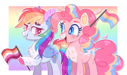 Size: 1280x762 | Tagged: safe, artist:wanderingpegasus, imported from derpibooru, pinkie pie, rainbow dash, earth pony, pegasus, pony, alternate design, blaze (coat marking), blushing, chest fluff, coat markings, colored hooves, colored wings, cute, dashabetes, diapinkes, duo, facial markings, female, grin, heart, heart eyes, heart mark, hoof hold, lesbian, lesbian pride flag, looking at each other, looking at someone, mare, markings, multicolored mane, multicolored tail, multicolored wings, pale belly, pansexual, pansexual pride flag, passepartout, pinkiedash, pride, pride flag, pride month, rainbow wings, raised hoof, redesign, shipping, smiling, snip (coat marking), socks (coat markings), tail, unshorn fetlocks, wingding eyes, wings