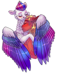 Size: 1280x1635 | Tagged: safe, artist:malinraf1615, imported from derpibooru, sprout cloverleaf, zipp storm, earth pony, pegasus, pony, chest fluff, colored wings, content, cuddling, female, floppy ears, g5, hug, male, mare, multicolored wings, shipping, simple background, smiling, stallion, straight, transparent background, wings, zippsprout