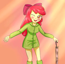 Size: 1024x1013 | Tagged: safe, artist:sumin6301, imported from derpibooru, apple bloom, human, equestria girls, 2012, adorabloom, blushing, cute, female, old art, one eye closed, open mouth, rain, raincoat, smiling, solo, umbrella, wink