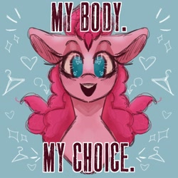 Size: 2000x2000 | Tagged: safe, artist:ghoulieq, imported from derpibooru, pinkie pie, earth pony, pony, bust, clothes hanger, comments locked down, current events, dialogue, female, implied abortion, irony, mouthpiece, no pupils, open mouth, politics, portrait