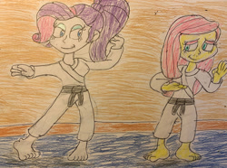 Size: 1280x950 | Tagged: safe, artist:artsytanooki, imported from derpibooru, applejack, rarity, human, equestria girls, barefoot, feet, gi, karate, martial arts, traditional art