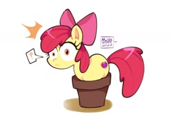 Size: 1992x1356 | Tagged: safe, artist:aceslingerexo, imported from derpibooru, apple bloom, earth pony, pony, emanata, female, filly, foal, plant pot, question mark, shocked, simple background, solo, white background, wide eyes