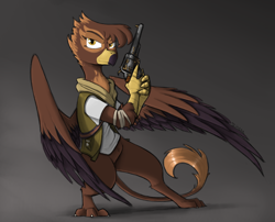 Size: 2100x1700 | Tagged: safe, artist:sinrar, imported from derpibooru, oc, oc only, oc:gabriela hawkins, griffon, fallout equestria, griffon oc, gun, ncr, ncr ranger, solo, weapon