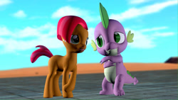 Size: 1192x670 | Tagged: safe, artist:legoguy9875, imported from twibooru, babs seed, spike, dragon, earth pony, pony, 3d, babspike, crossed arms, cute, female, filly, foal, freckles, gmod, happy, image, male, needs more jpeg, nervous, raised hoof, raised leg, shipping, smiling, straight