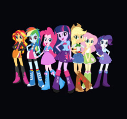 Size: 828x778 | Tagged: safe, imported from derpibooru, applejack, fluttershy, pinkie pie, rainbow dash, rarity, sci-twi, sunset shimmer, twilight sparkle, equestria girls, black background, humane five, humane seven, humane six, simple background