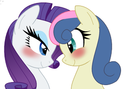 Size: 1031x744 | Tagged: safe, artist:faith-wolff, imported from derpibooru, bon bon, rarity, sweetie drops, earth pony, pony, unicorn, blushing, bust, female, lesbian, looking at each other, looking at someone, looking at you, looking into each others eyes, raribon, shipping, simple background, smiling, smiling at you, transparent background