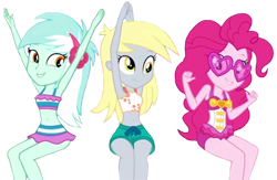 Size: 1280x832 | Tagged: safe, artist:loneboy48, edit, edited screencap, imported from derpibooru, screencap, derpy hooves, lyra heartstrings, pinkie pie, equestria girls, equestria girls series, i'm on a yacht, spring breakdown, spoiler:eqg series (season 2), background removed, clothes, derpy's beach shorts swimsuit, female, lyra heartstrings swimsuit, lyra's beach shorts swimsuit, not a vector, one-piece swimsuit, pinkie pie swimsuit, pinkie pie's beach shorts swimsuit, simple background, swimsuit, transparent background, trio