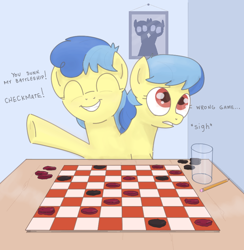 Size: 826x848 | Tagged: safe, artist:kleyime, oc, oc only, oc:eeny meeny, oc:miney moe, earth pony, pony, board game, checkers, conjoined, conjoined twins, cute, drawthread, drinking glass, eyes closed, female, mare, multiple heads, pencil, raised hoof, smiling, talking, two heads