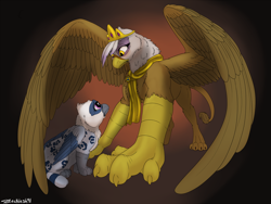 Size: 2000x1500 | Tagged: safe, artist:backlash91, imported from twibooru, gilda, oc, griffon, fanfic:the 8th rank, brooch, chickub, clothes, crown, folded wings, image, jewelry, looking down, looking up, paws, png, princess gilda, regalia, sad, scarf, spread wings, story included, talons, teary eyes, wings