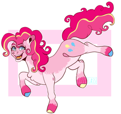 Size: 1700x1600 | Tagged: safe, artist:lizzielass, edit, editor:edits of hate, imported from twibooru, pinkie pie, earth pony, pony, alternate design, coat markings, colored hooves, female, image, mare, multicolored hair, open smile, png, simple background, solo, standing, standing on one leg