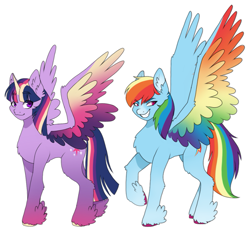 Size: 1119x1039 | Tagged: safe, artist:yellow-cactus-aka-me, imported from twibooru, rainbow dash, twilight sparkle, alicorn, pegasus, pony, alternate design, colored hooves, colored wings, duo, duo female, facial markings, feathered ears, feathered fetlocks, female, gradient hooves, image, mare, multicolored wings, png, rainbow wings, raised hoof, simple background, smiling, spread wings, standing, white background, wings