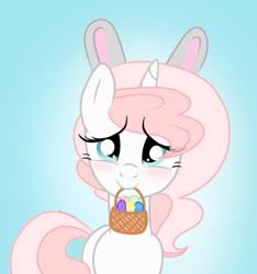 Size: 1280x1366 | Tagged: safe, artist:sugarcubecreationz, imported from derpibooru, oc, oc:sweetheart, pony, unicorn, animal costume, basket, bunny costume, bunny ears, clothes, costume, cute, easter, easter bunny, easter egg, holiday, horn, simple background, solo, unicorn oc