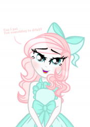 Size: 1280x1817 | Tagged: safe, artist:sugarcubecreationz, imported from derpibooru, oc, oc only, oc:sweetheart, human, equestria girls, apron, bedroom eyes, bow, clothes, hair bow, humanized, looking at you, solo, text, waitress