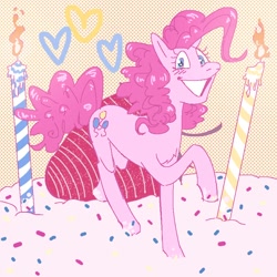 Size: 850x850 | Tagged: safe, artist:4lph4m4ge, imported from twibooru, pinkie pie, earth pony, pony, cake, candle, female, food, heart, image, looking at you, mare, needs more jpeg, raised hoof, smiling, smiling at you, solo, sprinkles