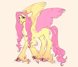 Size: 791x686 | Tagged: safe, artist:deadmouseseverywhere, imported from twibooru, fluttershy, pegasus, pony, alternate design, blaze (coat marking), blushing, butt fluff, cloven hooves, colored hooves, colored wings, facial markings, female, image, looking at you, mare, png, raised hoof, smiling, snip (coat marking), solo, spread wings, unshorn fetlocks, wings