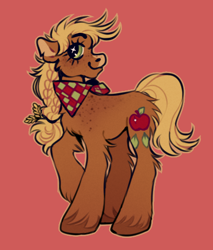 Size: 400x470 | Tagged: safe, artist:deadmouseseverywhere, imported from twibooru, applejack, earth pony, pony, alternate cutie mark, alternate design, bandana, braid, butt fluff, facial markings, female, freckles, image, mare, png, raised hoof, red background, simple background, smiling, snip (coat marking), solo, unshorn fetlocks