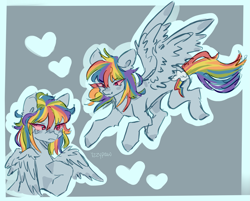Size: 3163x2544 | Tagged: safe, artist:izzy-paw, imported from twibooru, rainbow dash, pegasus, pony, alternate design, bangs, female, flying, heart, image, mare, png, solo, spread wings, wings