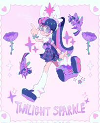 Size: 1673x2048 | Tagged: safe, artist:starrysharks, edit, editor:edits of hate, imported from twibooru, twilight sparkle, human, pony, bag, bangs, bracelet, clothes, cutie mark, female, flower, glasses, heart, human ponidox, humanized, image, jewelry, light skin, looking at you, png, ponytail, rose, school bag, self ponidox, shoes, skirt, socks, solo, sparkles, twilight sparkle's cutie mark