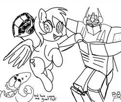 Size: 1280x1080 | Tagged: safe, artist:boxybrown, rainbow dash, pegasus, pony, boxybrown, female, flying, mare, monochrome, open mouth, optimus prime, patrick star, spongebob squarepants, spread wings, transformers, wings