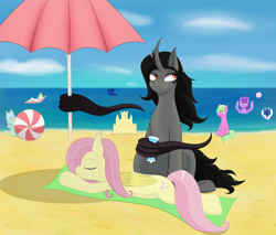 Size: 3042x2596 | Tagged: safe, imported from derpibooru, fluttershy, king sombra, lyra heartstrings, oc, earth pony, pony, unicorn, beach, beach ball, cloud, funny, ocean, sunny, swimming, swimming pool, water