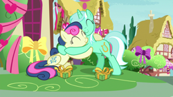 Size: 1280x720 | Tagged: safe, imported from derpibooru, screencap, bon bon, lyra heartstrings, sweetie drops, earth pony, pony, unicorn, season 8, the break up breakdown, spoiler:s08, ^^, adorabon, bipedal, cute, daaaaaaaaaaaw, duo, duo female, eyes closed, female, happy, hug, lesbian, lyrabetes, lyrabon, mare, present, shipping, shipping fuel