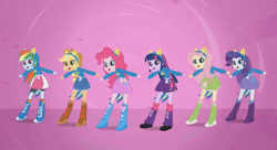 Size: 828x450 | Tagged: safe, imported from derpibooru, screencap, applejack, fluttershy, pinkie pie, rainbow dash, rarity, sci-twi, twilight sparkle, equestria girls, equestria girls (movie), boots, clothes, cowboy boots, cowboy hat, hat, helping twilight win the crown, high heel boots, humane five, humane six, shirt, shoes, skirt, socks, solo, sweater