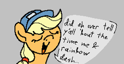 Size: 265x138 | Tagged: safe, applejack, earth pony, pony, aggie.io, eyes closed, female, hat, implied rainbow dash, lowres, mare, open mouth, simple background, talking