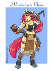 Size: 3072x4096 | Tagged: safe, artist:ambris, imported from derpibooru, apple bloom, anthro, earth pony, unguligrade anthro, adventuring is magic, artificer, belt, breasts, busty apple bloom, chains, cleavage, clothes, dungeons and dragons, ear piercing, earring, fantasy class, female, goggles, hammer, herbs, jewelry, makeup, older, older apple bloom, pen and paper rpg, piercing, potions, ring, rpg, sabaton, shirt, socks, solo, stockings, thigh highs, wrench