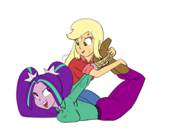 Size: 3156x2382 | Tagged: safe, artist:carnifex, imported from derpibooru, applejack, aria blaze, human, equestria girls, ariajack, ass, belt, bondage, boots, breasts, butt, clothes, denim, duo, duo female, exhausted, female, freckles, high heel boots, high res, hogtied, jeans, kneeling, lesbian, lying down, open mouth, open smile, pants, prone, rope, shipping, shoes, sigh, simple background, smiling, sweat, white background