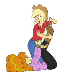 Size: 3424x3793 | Tagged: safe, artist:carnifex, imported from derpibooru, adagio dazzle, applejack, human, equestria girls, applejack's hat, bedroom eyes, bondage, boots, clothes, commission, cowboy hat, dazzlejack, denim, duo, female, freckles, hat, high heel boots, hogtied, jeans, kneeling, lesbian, lying down, on back, open mouth, pants, rope, rope bondage, shipping, shirt, shoes, simple background, sweater, white background