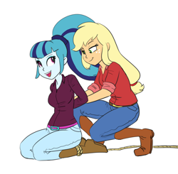 Size: 3272x3210 | Tagged: safe, artist:carnifex, imported from derpibooru, applejack, sonata dusk, human, equestria girls, arm behind back, bedroom eyes, belt, bondage, boots, clothes, cowboy boots, denim, duo, female, freckles, happy bondage, high heel boots, jeans, kneeling, lesbian, open mouth, open smile, pants, rope, rope bondage, shirt, shoes, simple background, smiling, sonatajack, tied up, white background