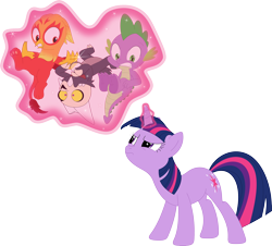 Size: 3556x3220 | Tagged: safe, artist:porygon2z, imported from derpibooru, spike, twilight sparkle, oc, oc:heatwave, dragon, griffon, pony, unicorn, broken horn, collar, crossover, female, frown, glowing, glowing horn, griffon oc, group, high res, horn, king clawthorne, levitation, magic, magic aura, male, mare, pet tag, porygon2z's trio, quartet, show accurate, simple background, skull, teeth, telekinesis, the owl house, titan, transparent background, trio, trio male, unicorn twilight