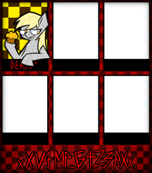 Size: 1558x1780 | Tagged: safe, artist:xxv4mp_g4z3rxx, imported from derpibooru, derpy hooves, pegasus, pony, six fanarts, blonde mane, checkered background, female, food, muffin, signature, solo, text, yellow eyes