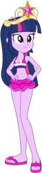 Size: 588x2426 | Tagged: safe, artist:fireluigi29, imported from derpibooru, twilight sparkle, human, equestria girls, bare shoulders, belly button, big crown thingy, clothes, element of magic, feet, female, hand on hip, jewelry, regalia, sandals, simple background, sleeveless, solo, swimsuit, transparent background