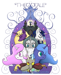 Size: 3150x3870 | Tagged: safe, artist:underwoodart, imported from derpibooru, discord, nightmare moon, princess celestia, princess luna, star swirl the bearded, oc, oc:cosmos sol, oc:faust dreamscape, alicorn, unicorn, castle, cover art, eyes closed, female, gem, hat, magic mirror, male, mare, mirror, moon, pink-mane celestia, poster, s1 luna, simple background, sparkles, stallion, stubble, swirls, text, the tale of two sisters, title, transparent background, wizard hat