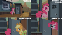 Size: 1280x720 | Tagged: safe, edit, edited screencap, editor:quoterific, imported from derpibooru, screencap, applejack, pinkie pie, earth pony, pony, season 2, the last roundup, applejack's hat, bag, bipedal, cowboy hat, duo, female, hat, mare, nose in the air, open mouth, open smile, saddle bag, smiling, text